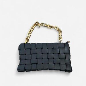 Black Woven Faux Leather Envelope Clutch | Gold Chain Strap